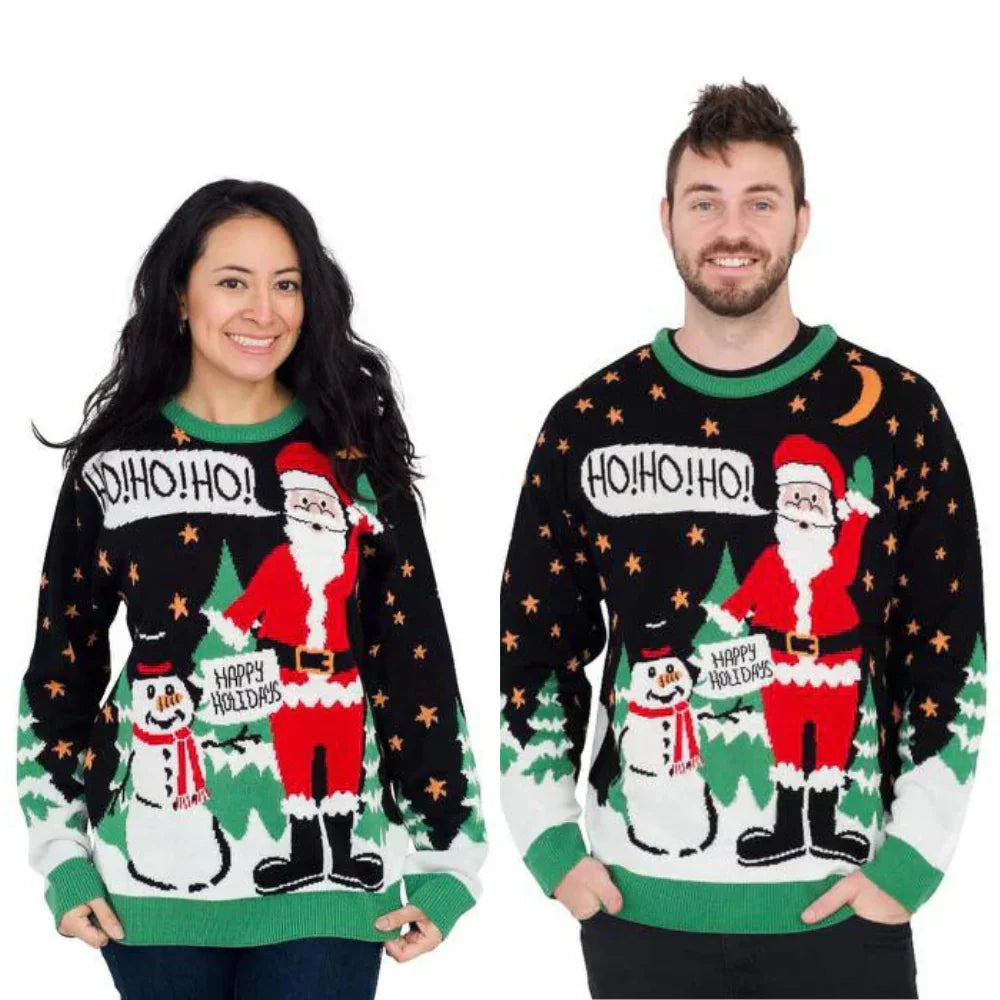 Couple wearing black Christmas sweaters with Santa, snowman, stars, and Ho! Ho! Ho! text