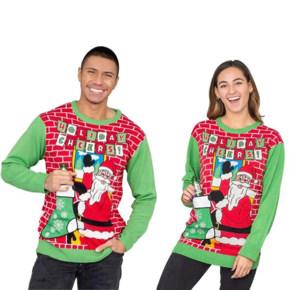 Couple wearing Christmas sweaters with Santa, brick wall, and 'Holiday Cheers' text