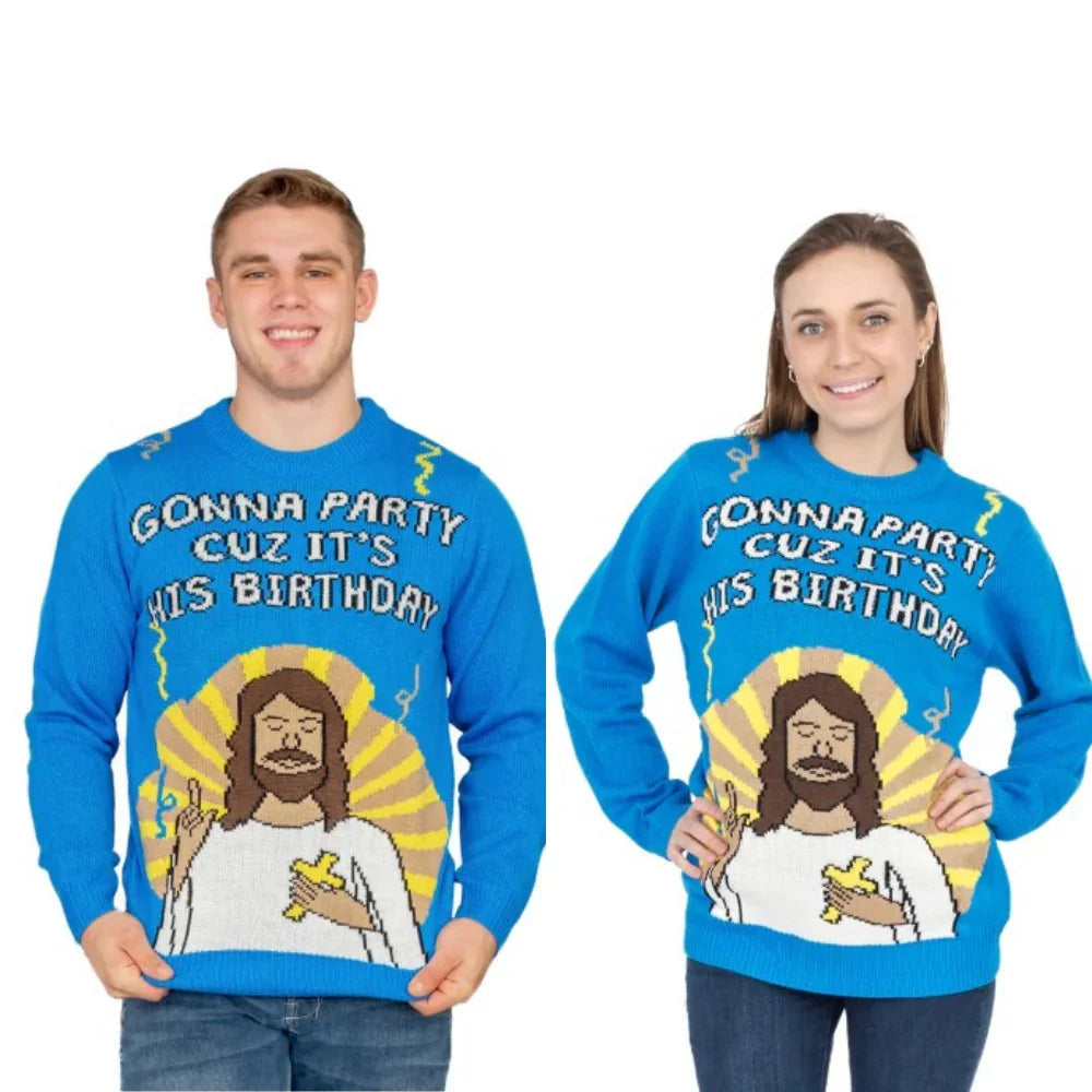 Couple in blue Jesus birthday party sweaters with cartoon Jesus and festive text