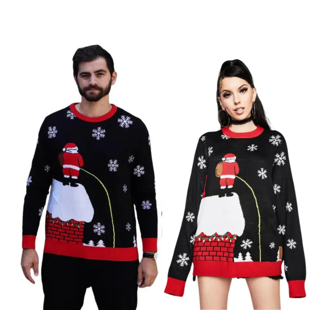 Couple wearing funny Christmas sweaters with Santa peeing, snowflakes, and chimney design