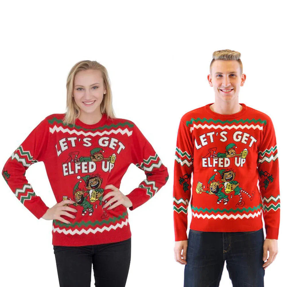 Two people wear red Christmas sweaters with cartoon elves and 'Let's Get Elfed Up' text.