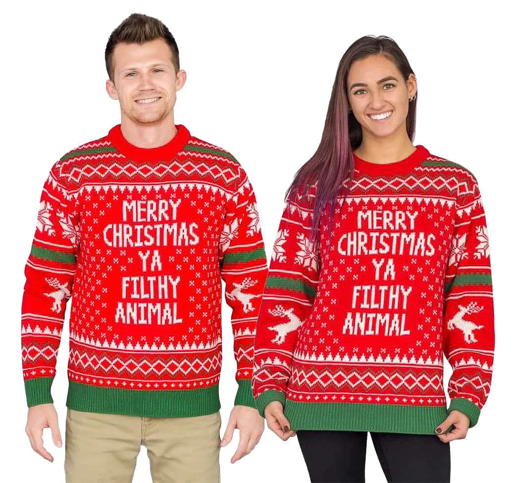 Two people wearing red Merry Christmas Ya Filthy Animal holiday sweaters with white patterns