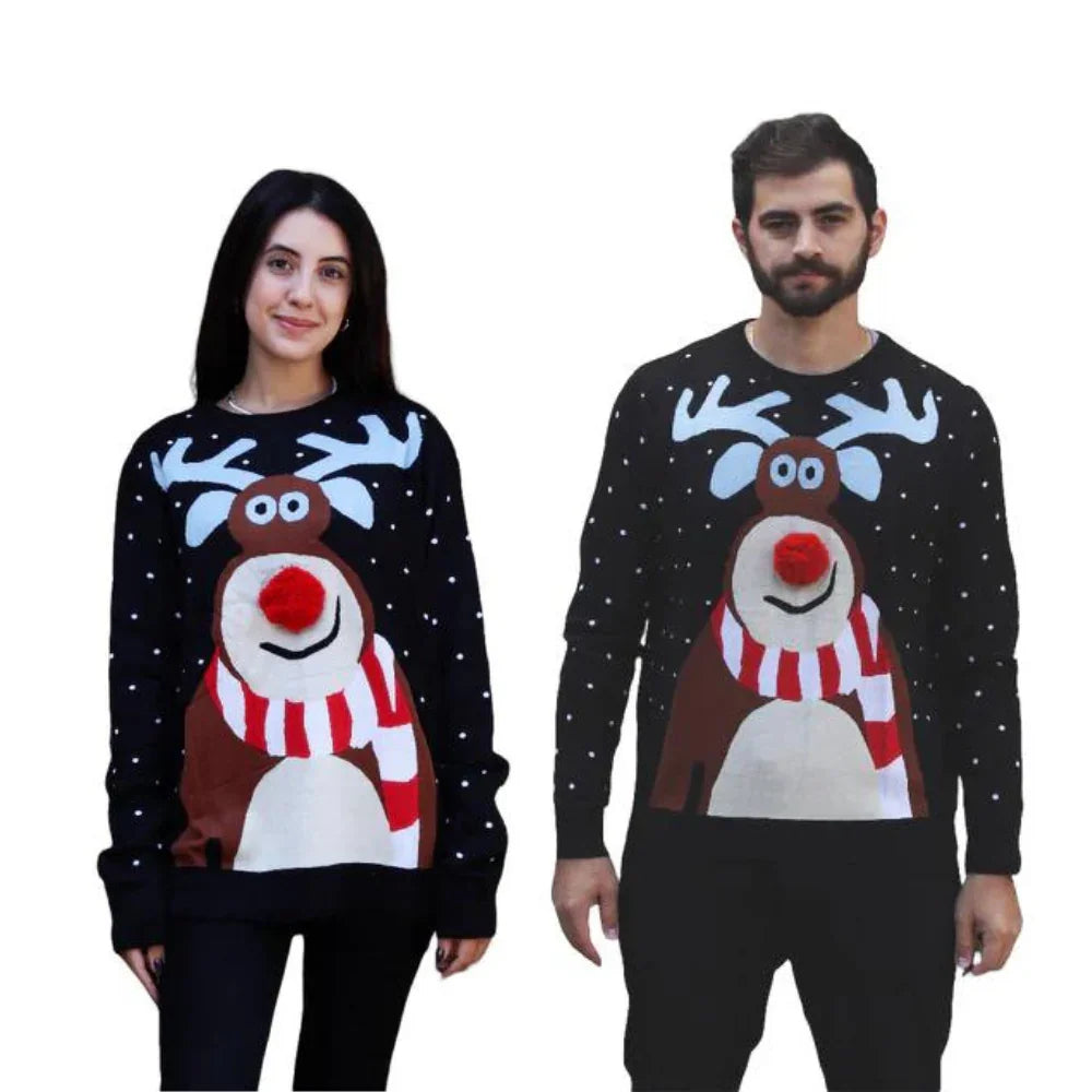 Man and woman wearing black Christmas sweaters with reindeer and red pom-pom nose design