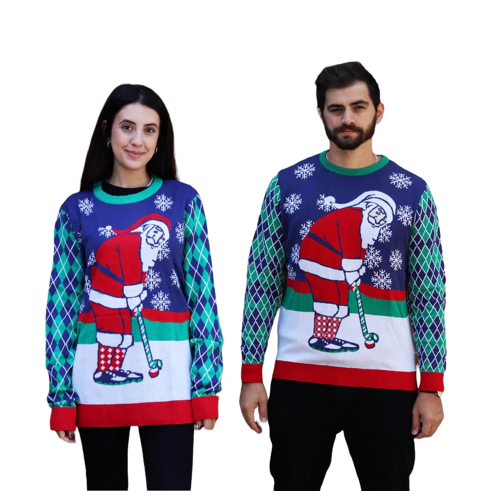 Man and woman wearing colorful ugly Christmas sweaters with golfing Santa and snowflakes
