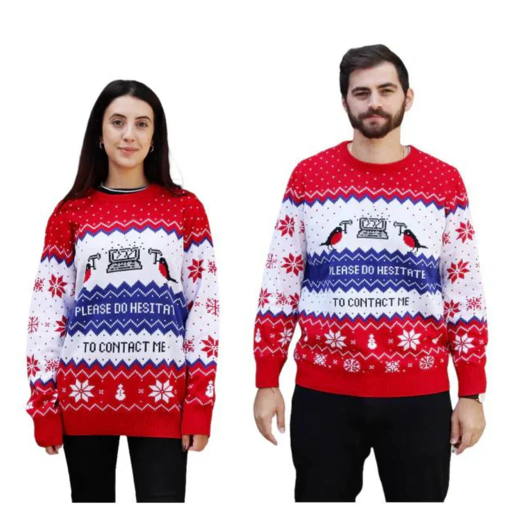 Man and woman wearing red, white, and blue Christmas sweaters with 'Please do hesitate to contact me' text.