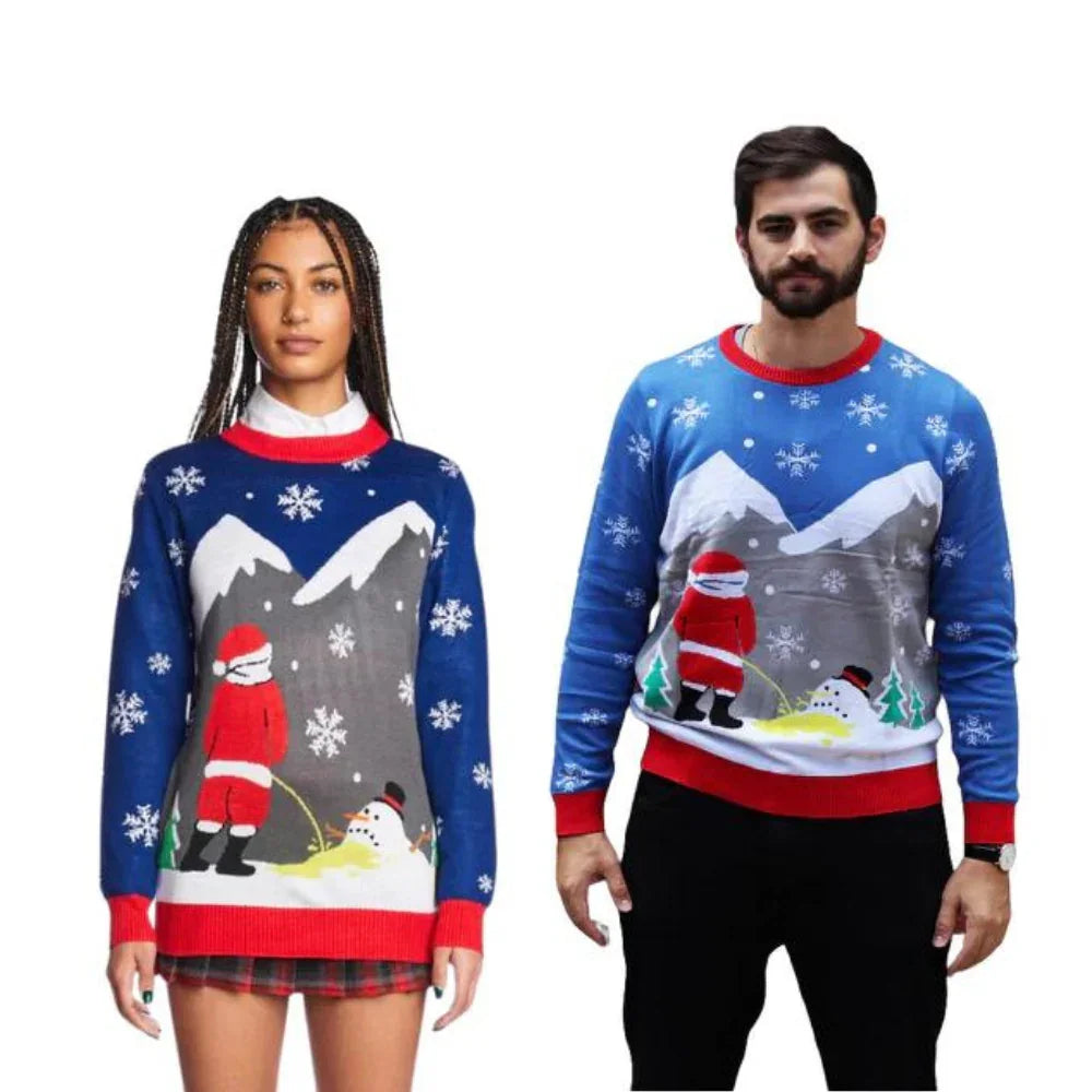 Two people wearing funny Christmas sweaters with Santa peeing on a snowman, mountains and snowflakes.