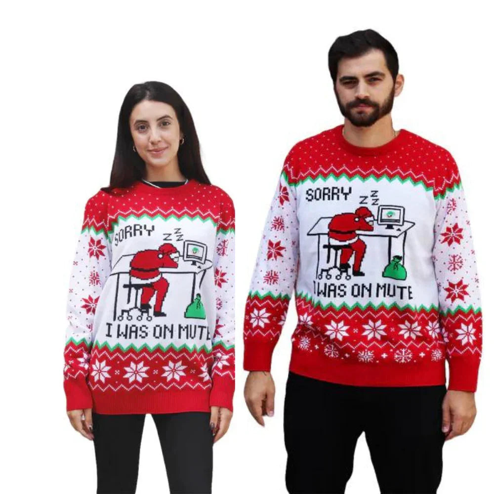 Two people wearing Christmas sweaters with a sleepy Santa and 'Sorry I was on mute' text.