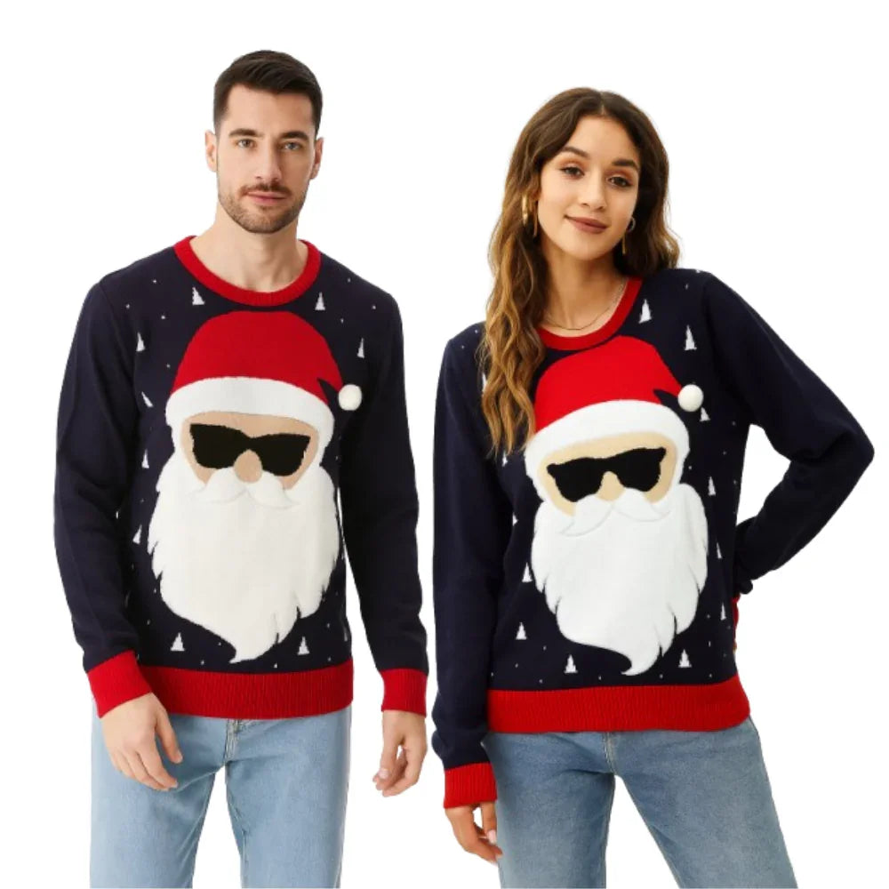 Man and woman wearing matching navy Christmas sweaters with cool Santa face design