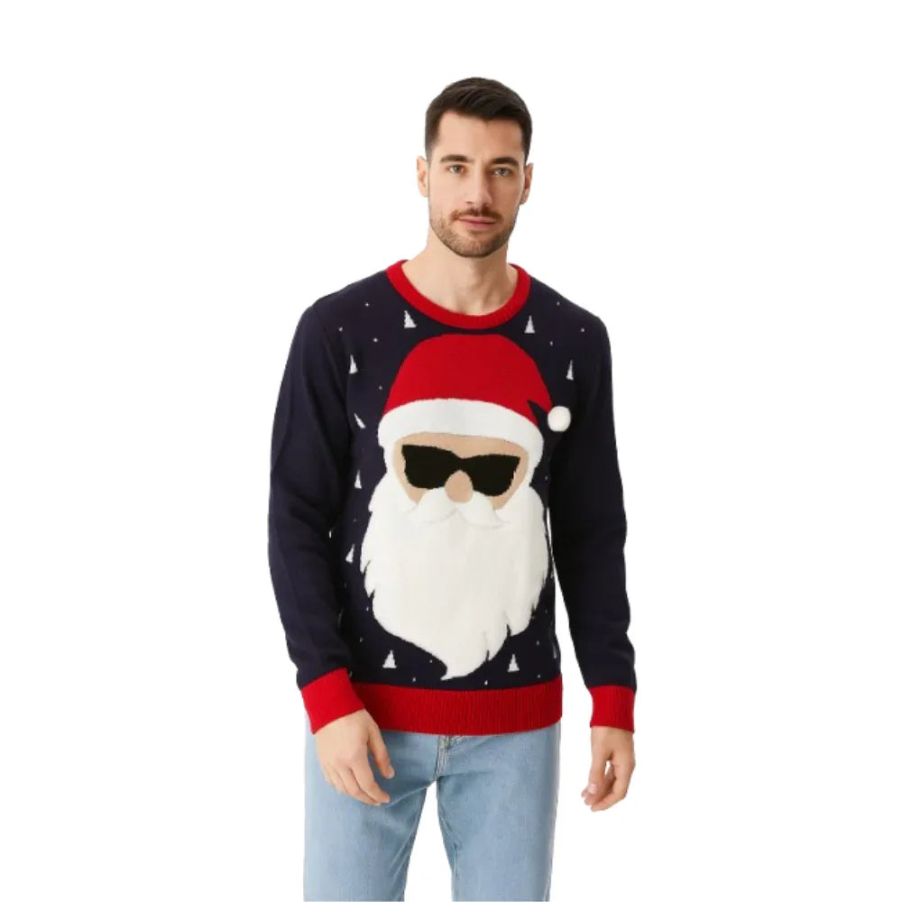 Man wearing navy Christmas sweater with Santa face and red trim, festive holiday fashion
