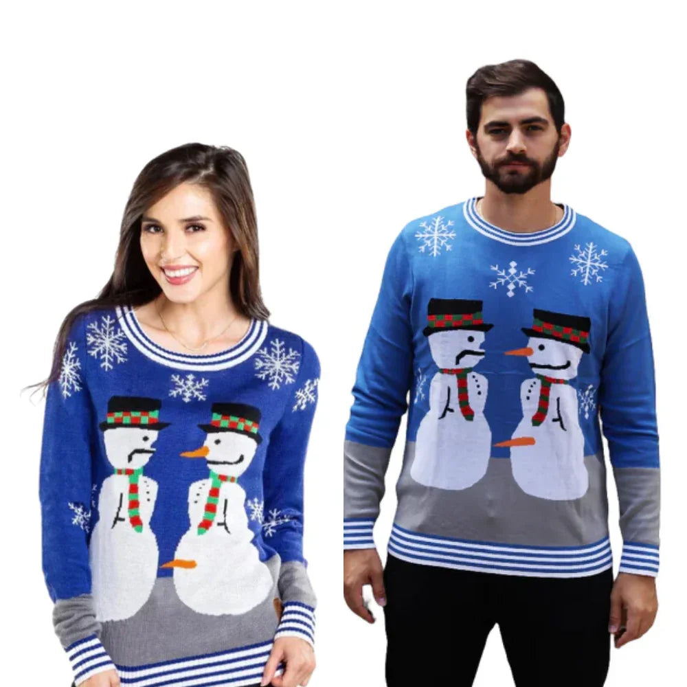 Man and woman wearing blue snowman ugly Christmas sweaters with snowflake patterns