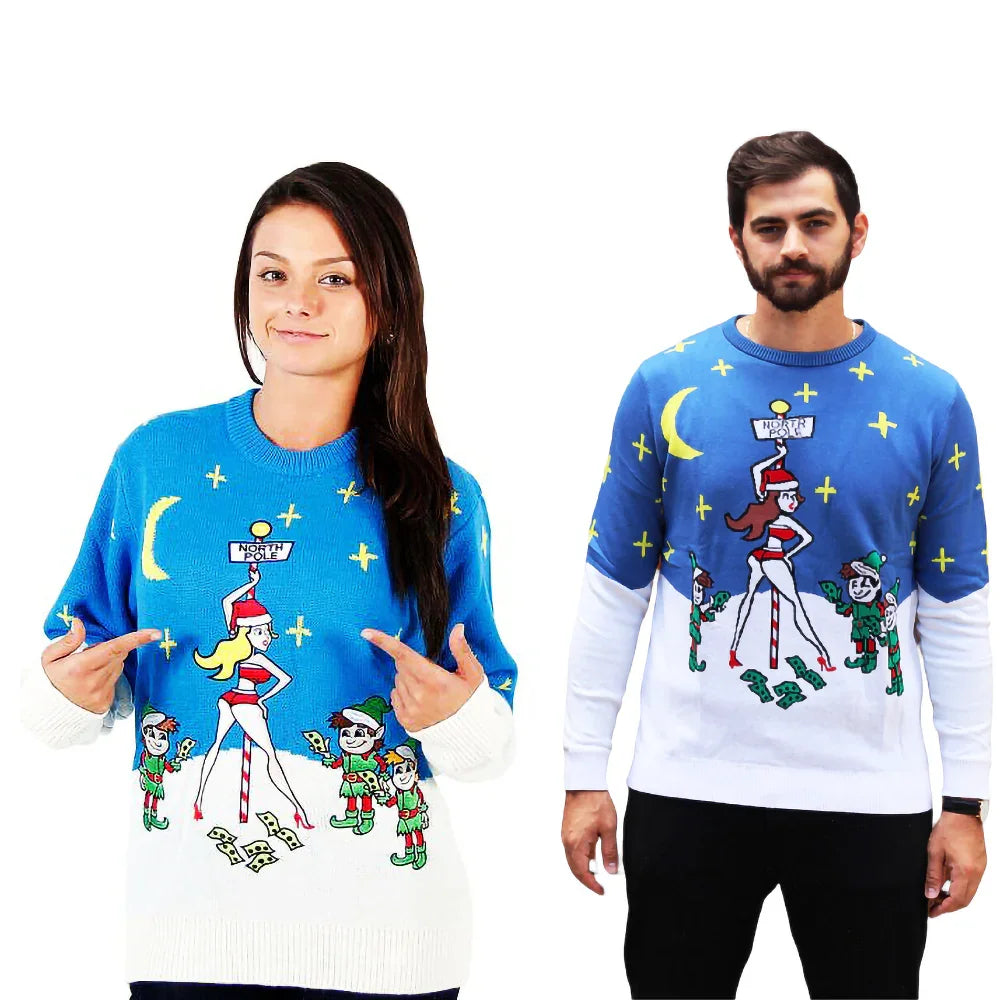 Two people wear blue Christmas sweaters with cartoon pole dancer, elves, cash, and night sky.