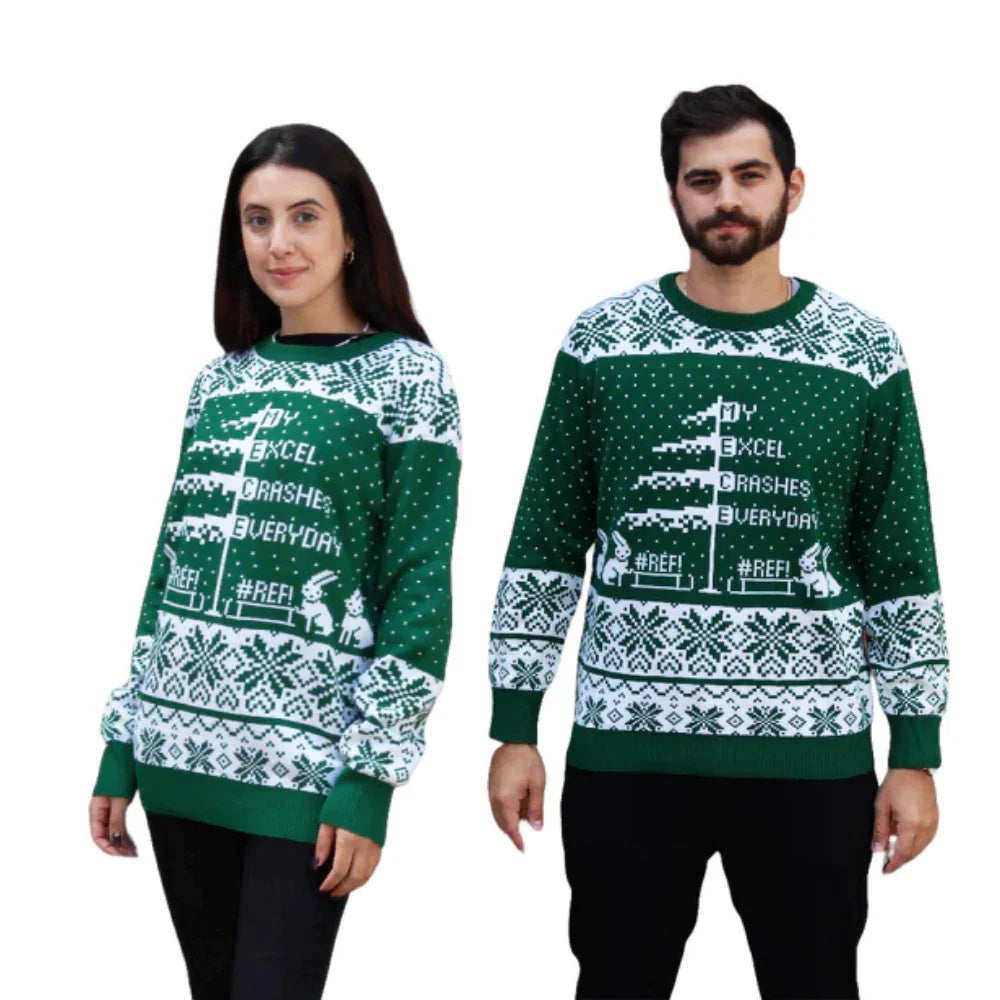 Two people wearing green and white ugly Christmas sweaters with 'My Excel Crashes Everyday' text.