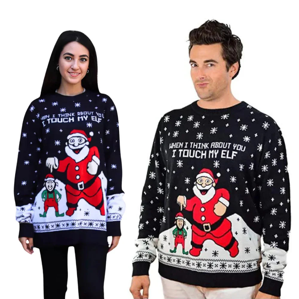Two people wearing black Christmas sweaters with Santa, elf graphic, and 'I Touch My Elf' text.
