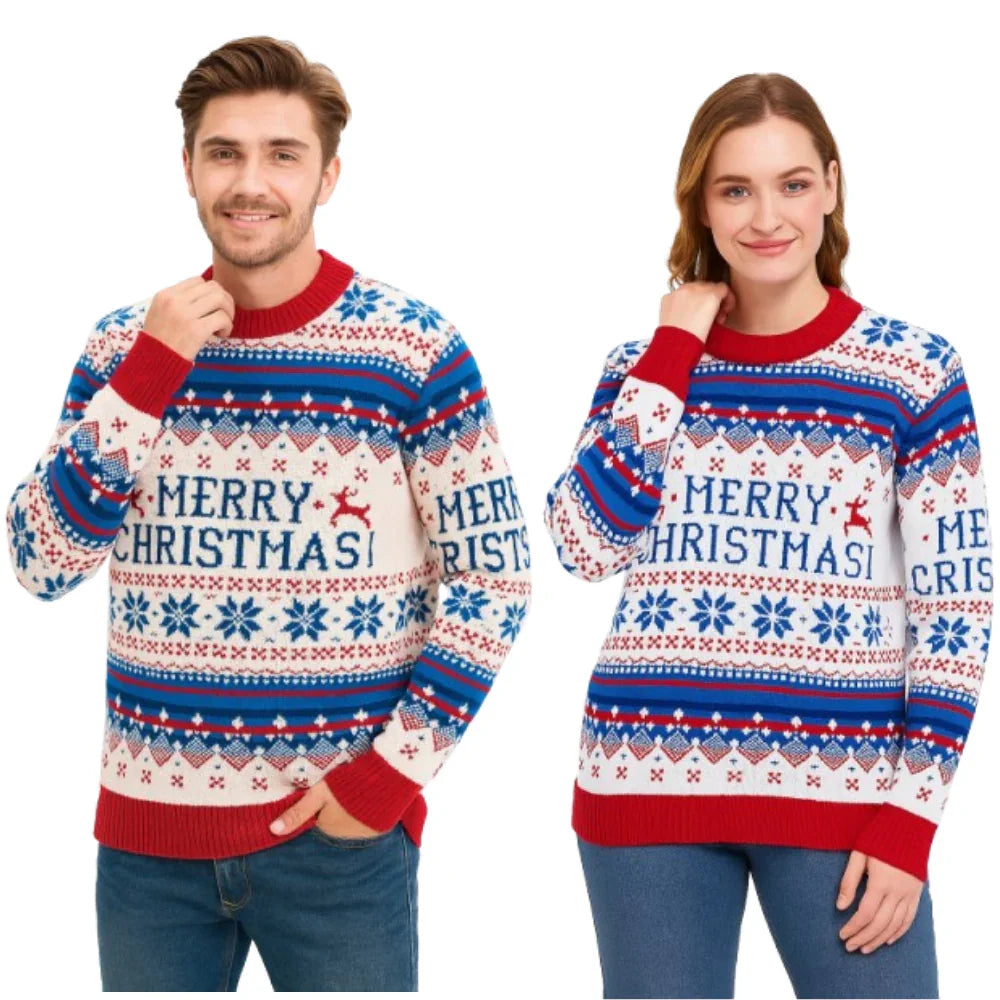Couple wearing matching Merry Christmas sweaters with red, blue, and white festive patterns