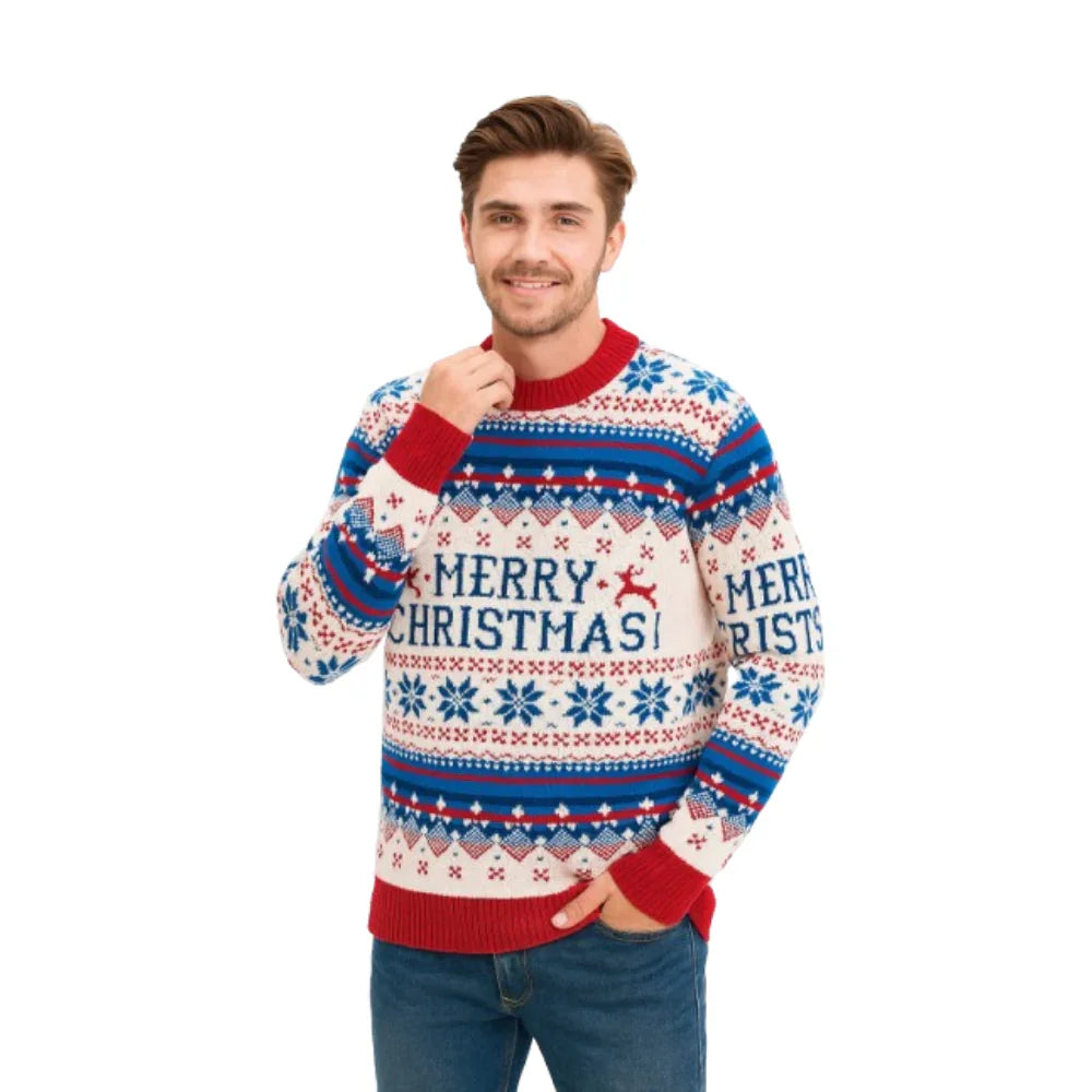 Man wearing a festive Merry Christmas sweater with red, blue, and white patterns