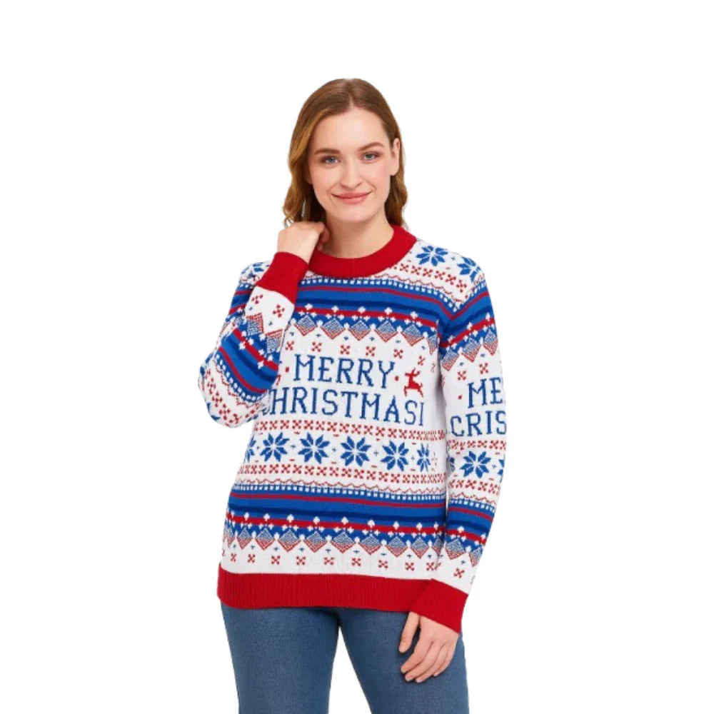 Woman wearing a festive Merry Christmas sweater with red, blue, and white patterns