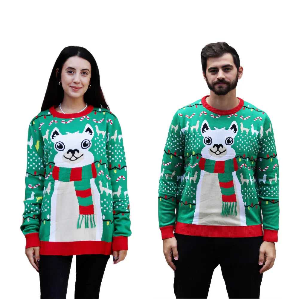 Man and woman wear green cat Christmas sweaters with festive animal and candy cane pattern