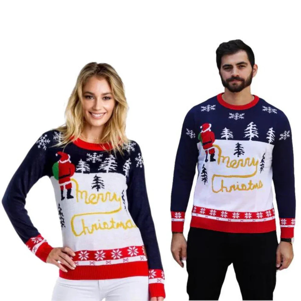 Couple wearing novelty Christmas sweaters with Santa, snowflakes, and 'Merry Christmas' text