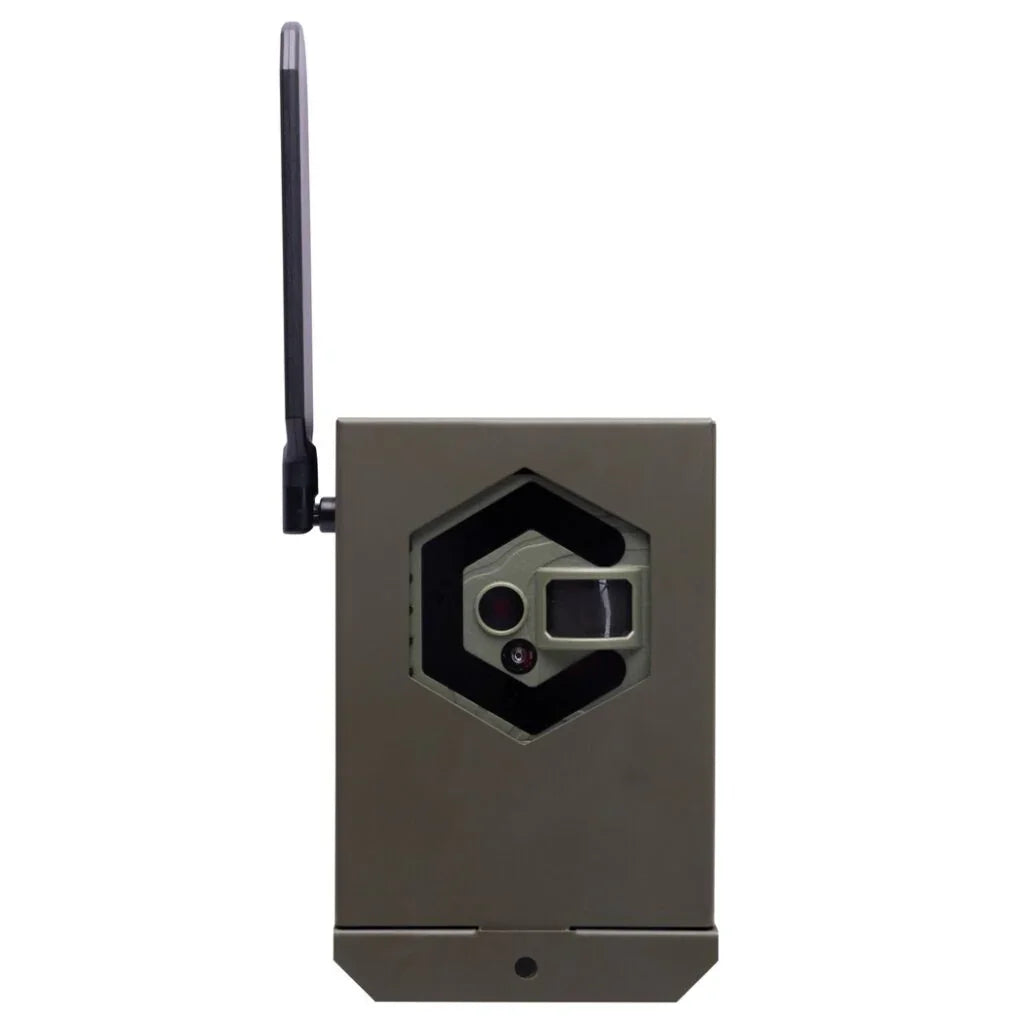 Steel bear safe security box with mounted trail camera and antenna front view