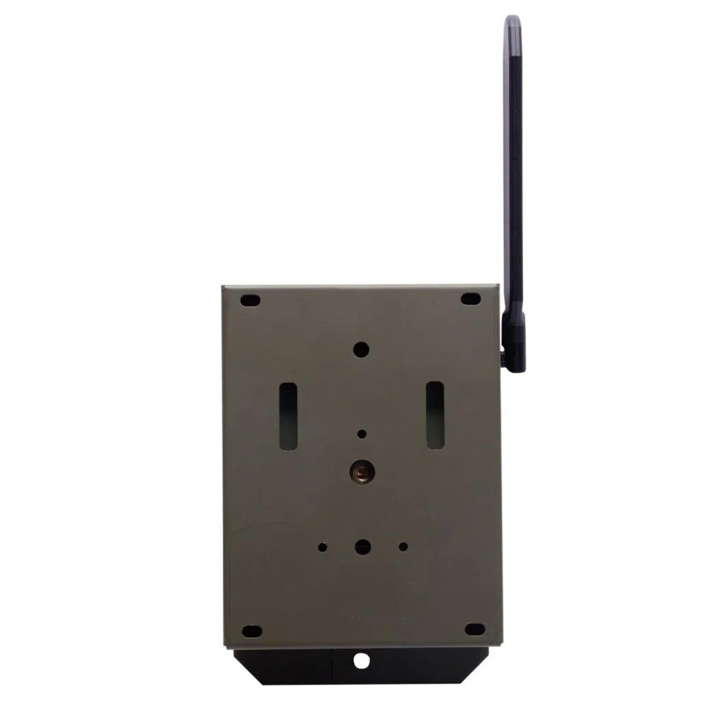 steel trail camera security box with antenna against white background