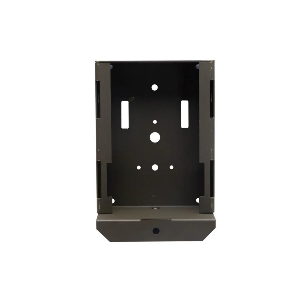 Open metal bear safe security box for trail camera with mounting holes, front view