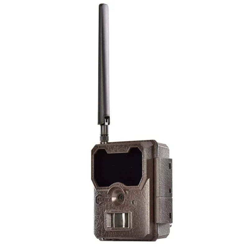 Outdoor trail camera with long antenna, textured brown case, angled view