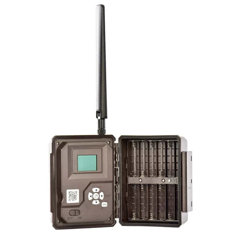 Open trail camera with antenna, screen, control buttons, and battery slots visible