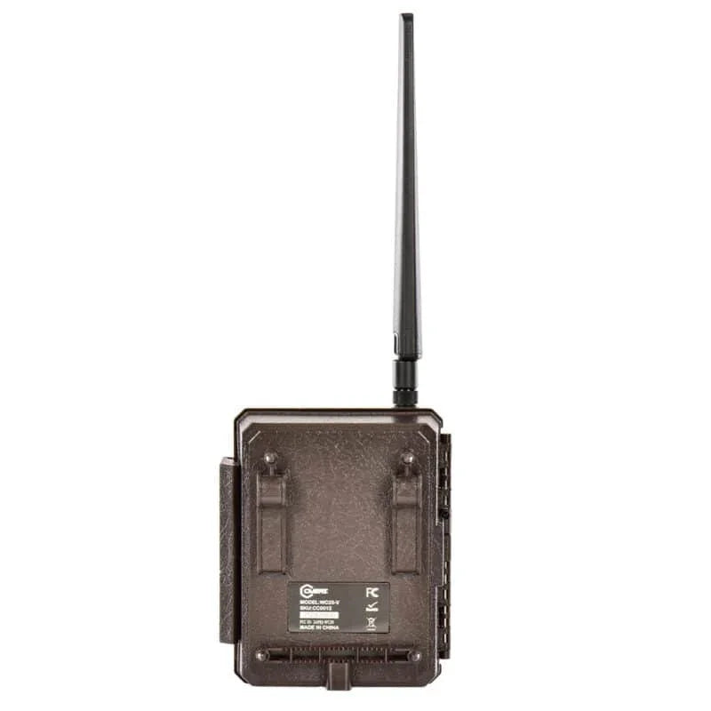 Back view of a brown wireless trail camera with antenna on white background