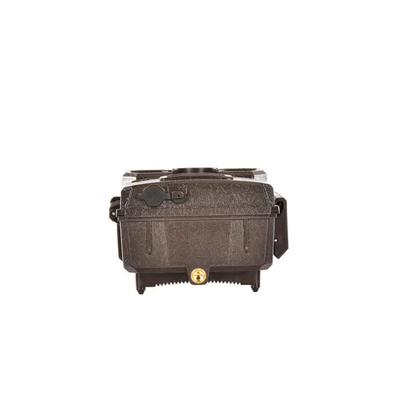 Bottom view of a brown wildlife trail camera with tripod mount and textured exterior