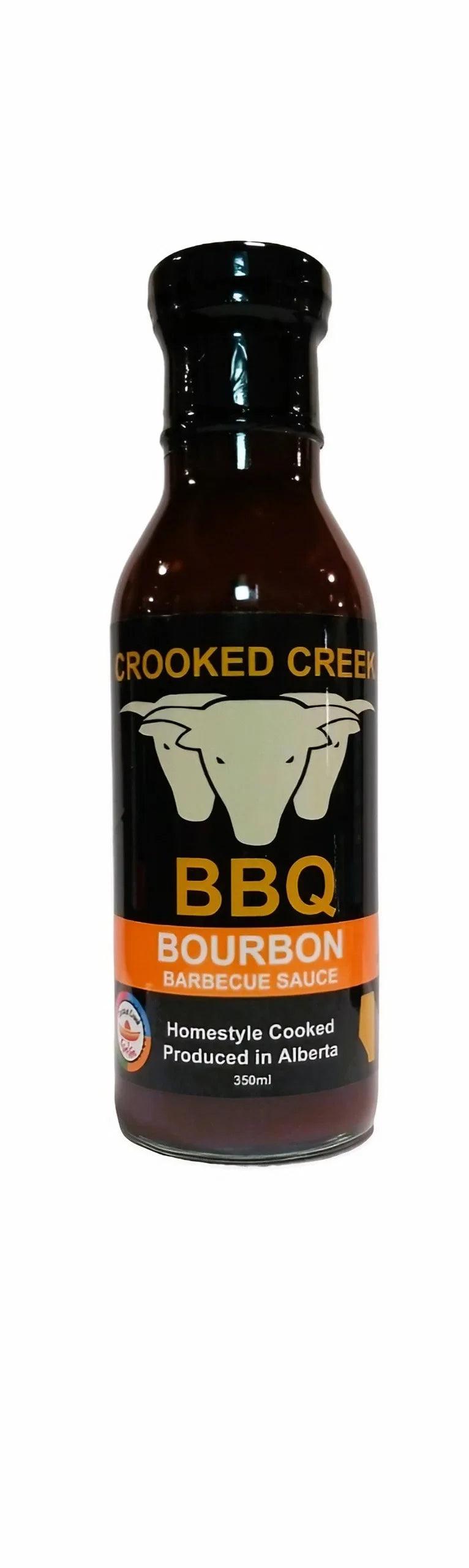 Crooked Creek BBQ Bourbon Barbecue Sauce bottle, homestyle cooked in Alberta, 350ml