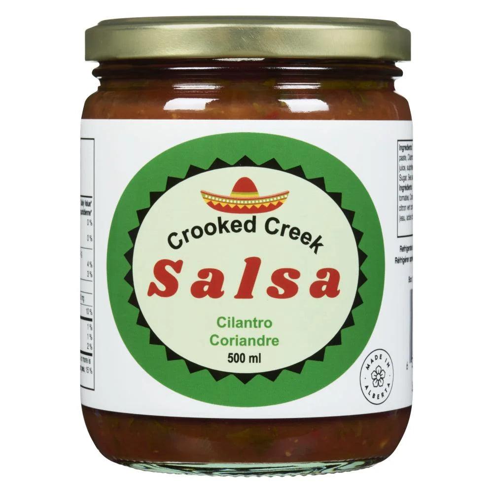 Crooked Creek Salsa jar cilantro flavor 500ml with green label and gold lid