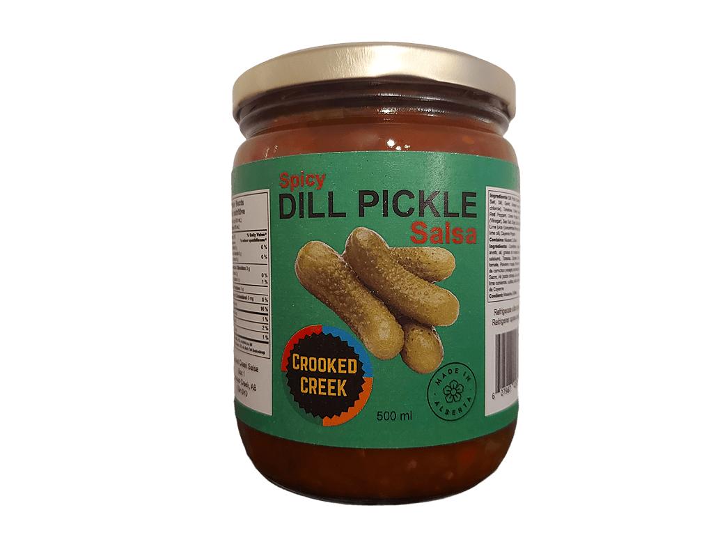Jar of Crooked Creek Spicy Dill Pickle Salsa, 500ml, with pickles on green label