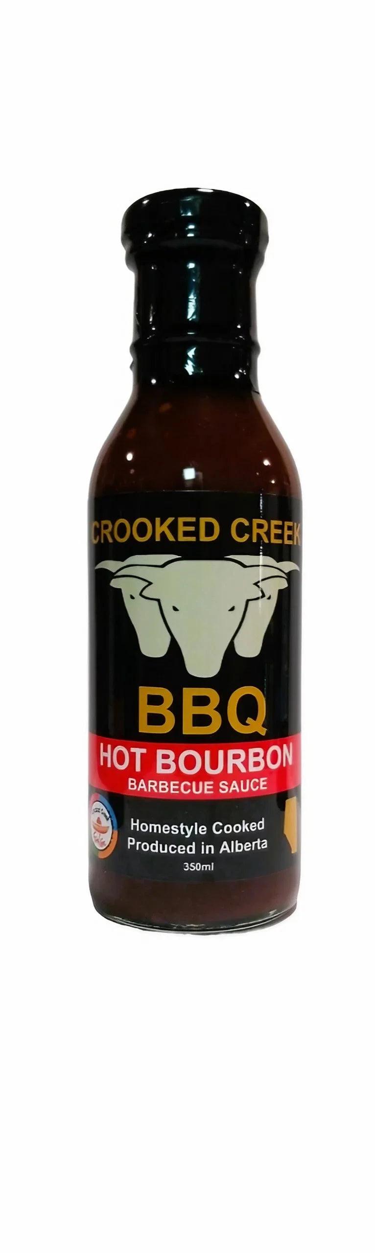 Crooked Creek BBQ Hot Bourbon Barbecue Sauce bottle, homestyle cooked in Alberta, 350ml
