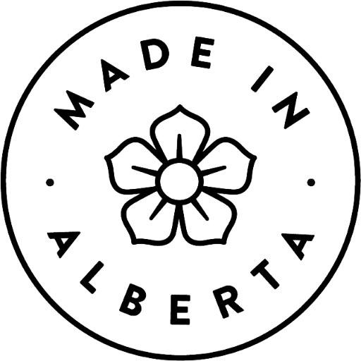 Made in Alberta logo with a black flower emblem inside a circular badge