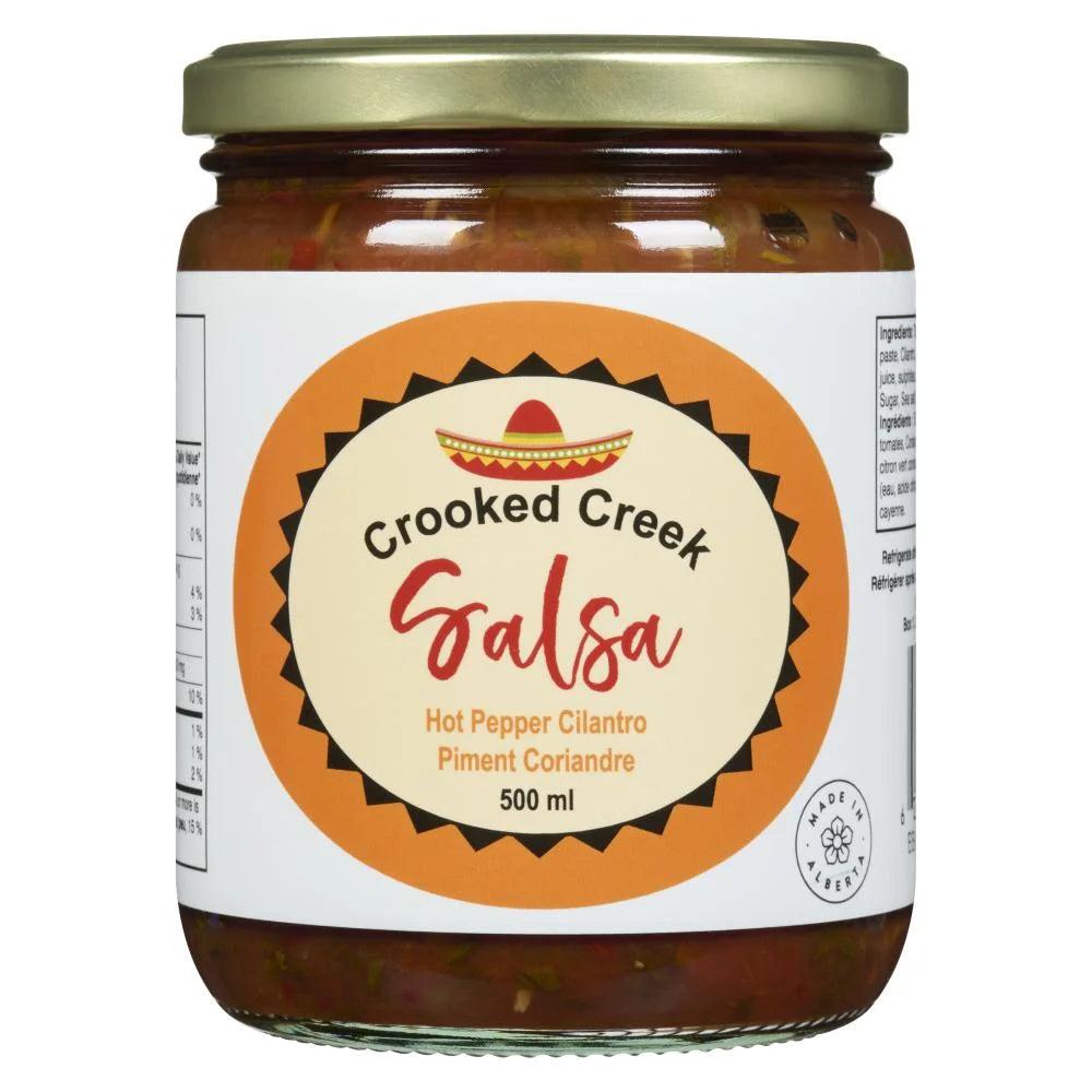 Crooked Creek Salsa Hot Pepper Cilantro 500ml jar with gold lid and colorful label