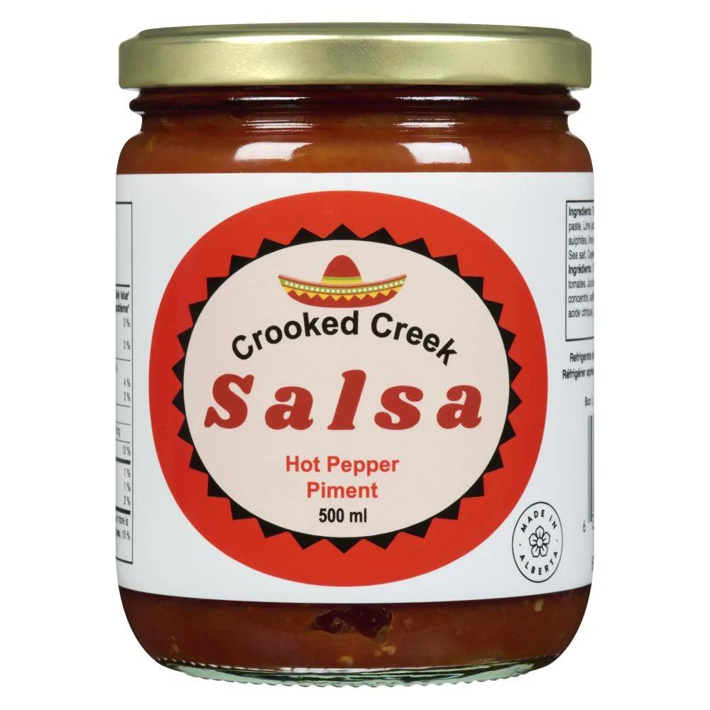 Crooked Creek Salsa Hot Pepper 500ml glass jar with gold lid, product label visible