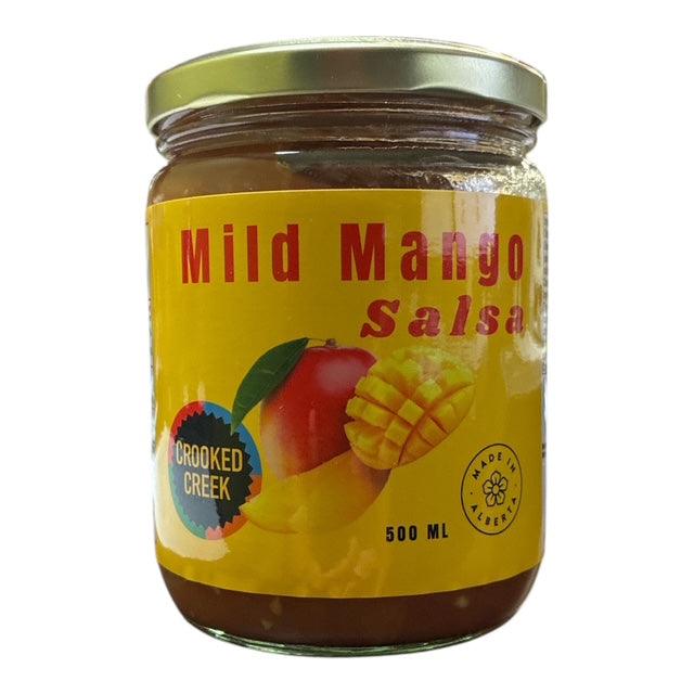 Jar of Crooked Creek Mild Mango Salsa 500ml with yellow label and sliced mango graphic