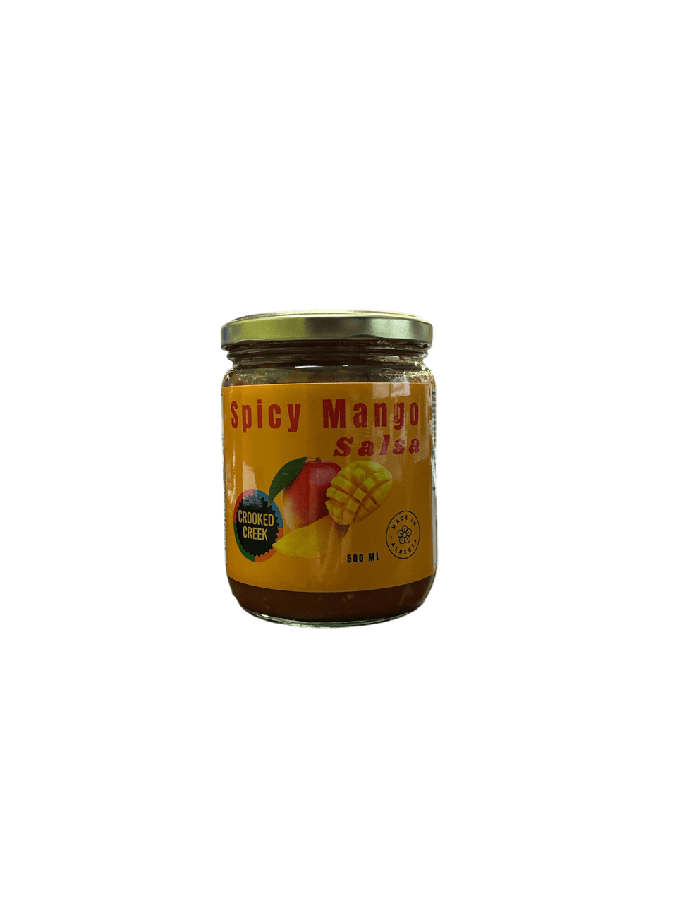 Jar of Crooked Creek Spicy Mango Salsa 500ml with yellow label and mango images