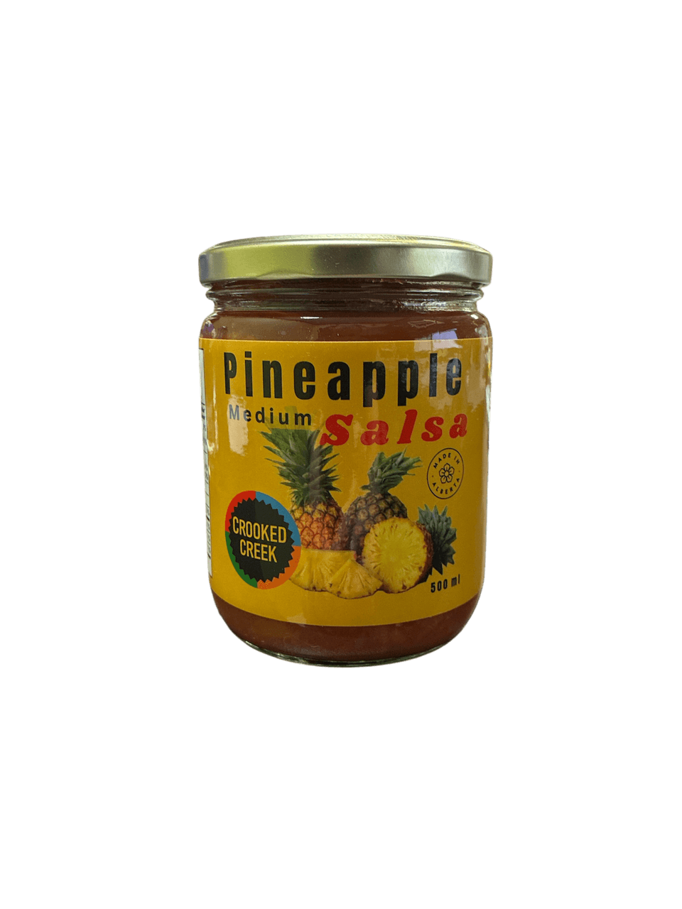 Jar of Crooked Creek pineapple salsa, medium, with pineapples on yellow label, 500ml
