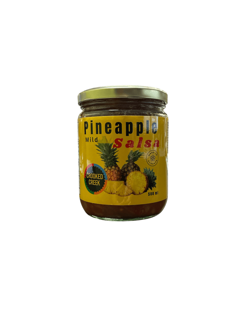 Crooked Creek Pineapple Mild Salsa jar with yellow label and pineapple images, 500ml