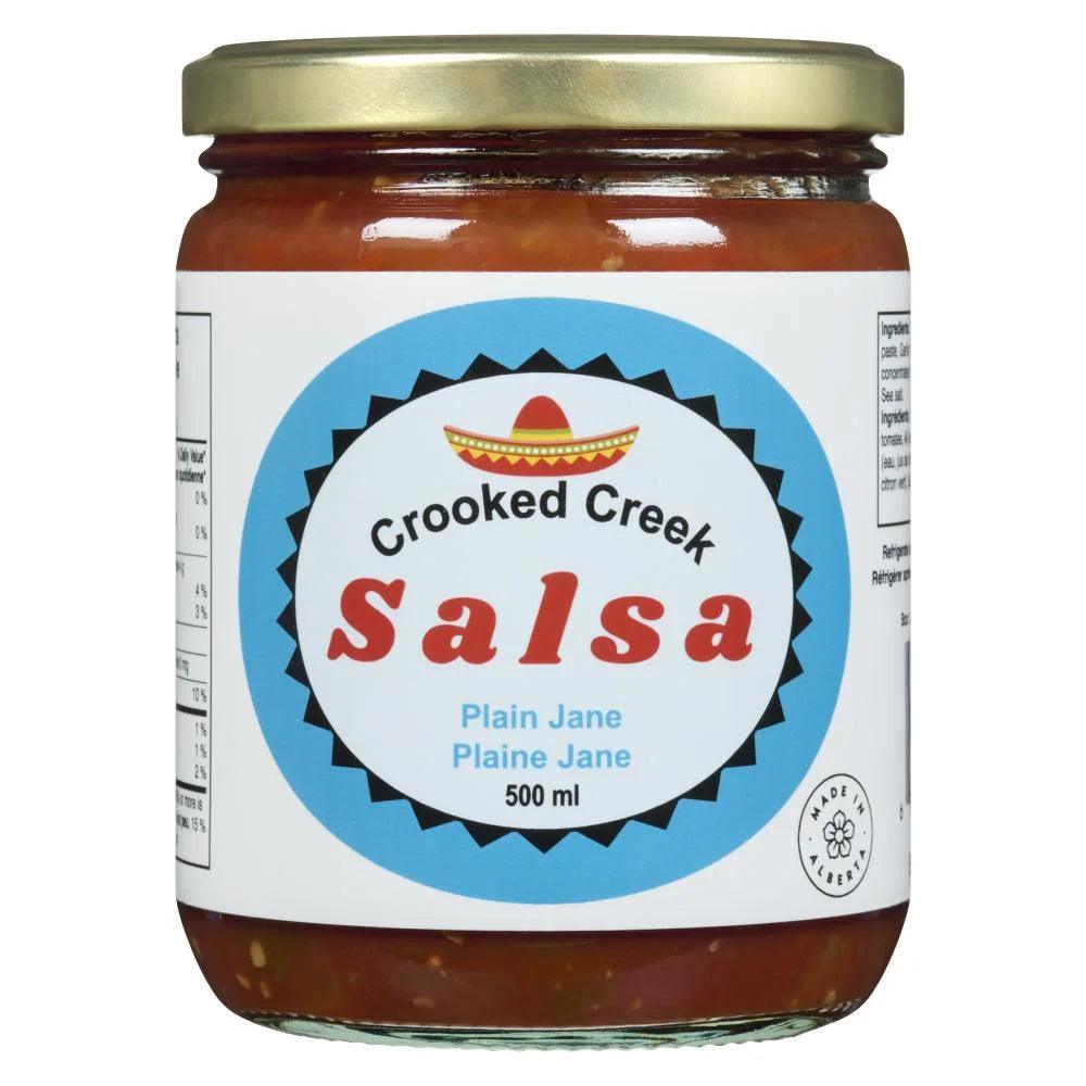 Crooked Creek Salsa Plain Jane jar 500ml with white label and gold lid