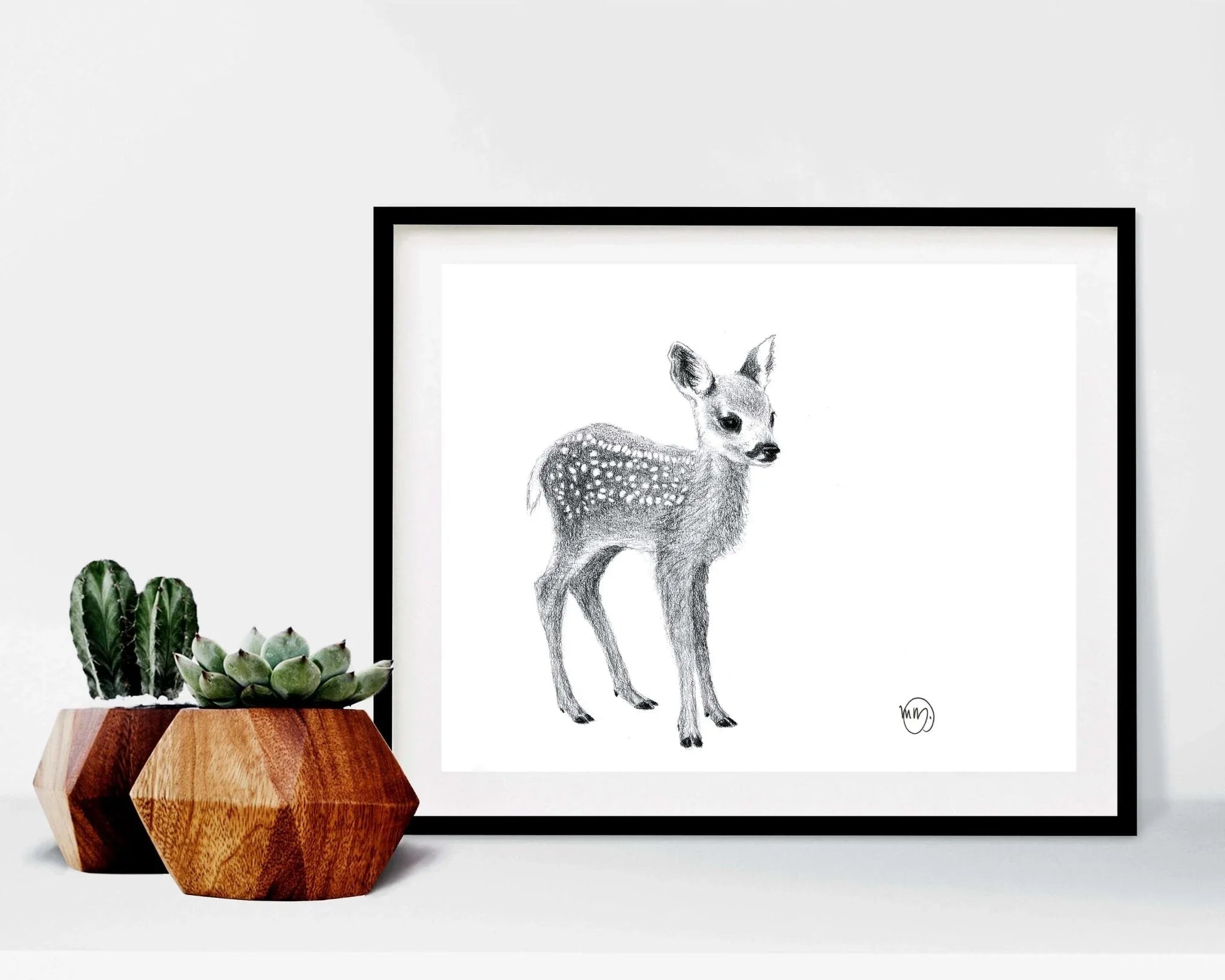 Framed pencil drawing of a cute baby deer with succulents in geometric wood planters