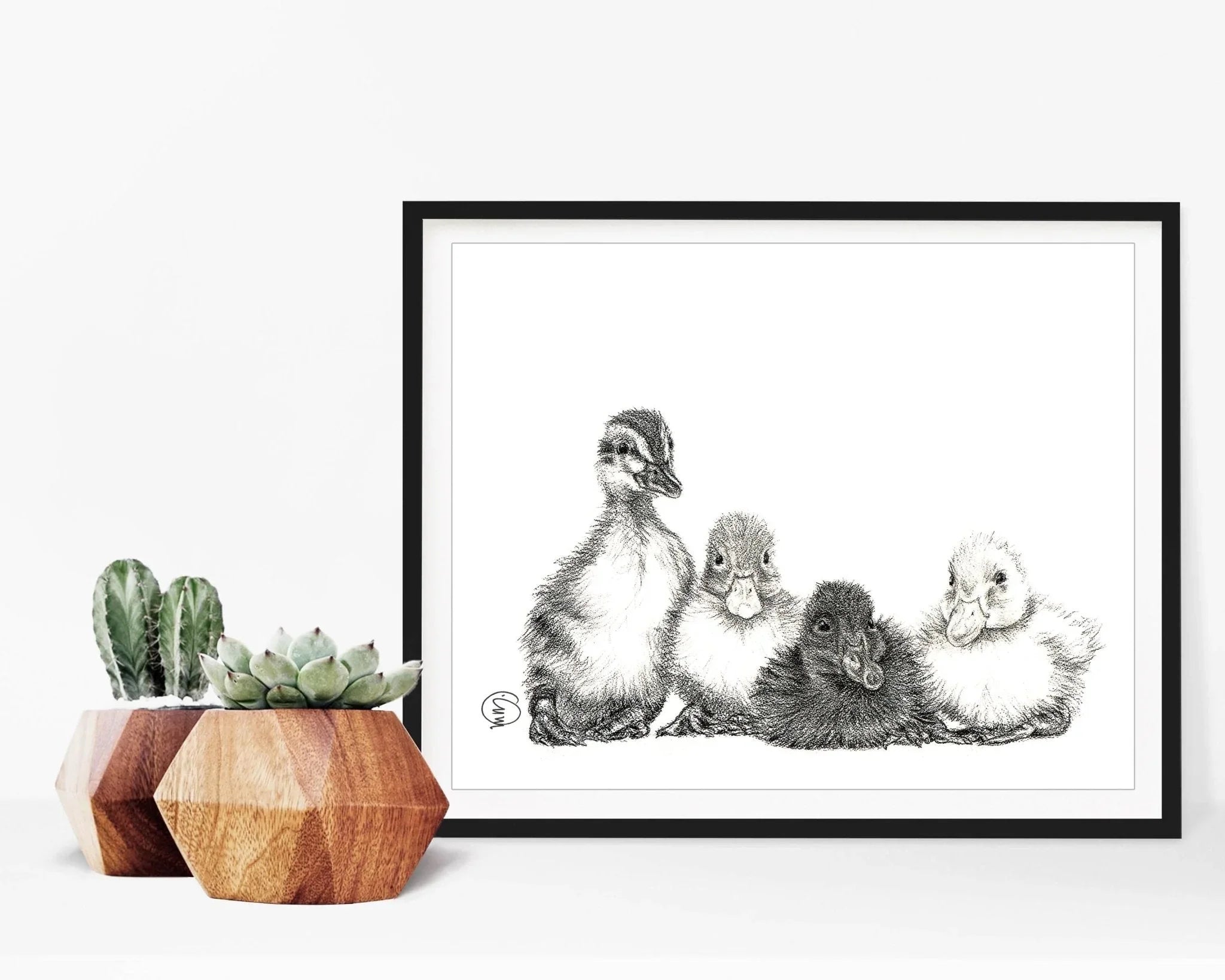 Black and white ducklings illustration in a frame next to geometric succulent planters