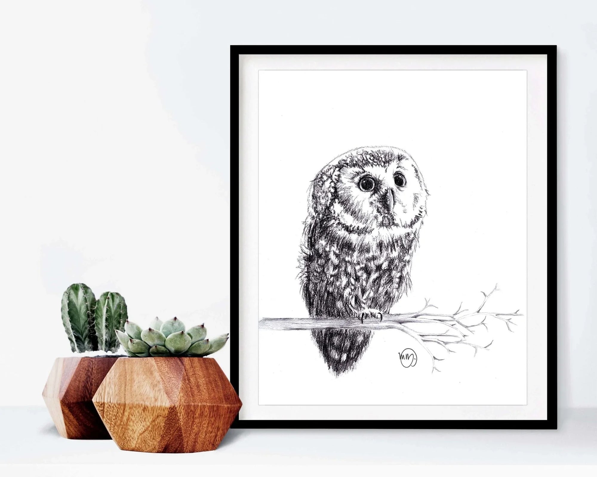 Framed pencil sketch of a baby owl on branch, next to geometric wooden succulent pots