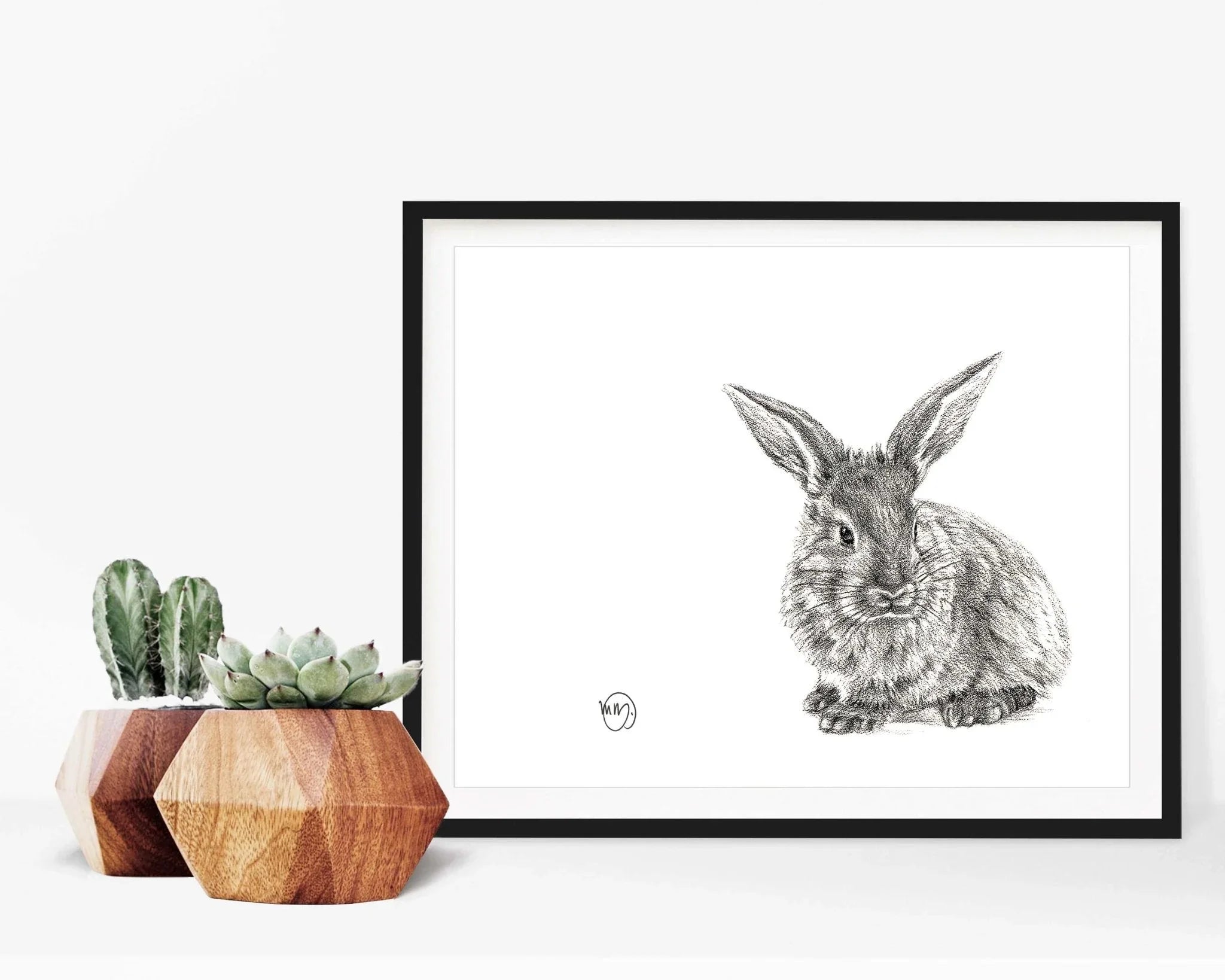Framed rabbit sketch art print with potted succulents and cactus on white background
