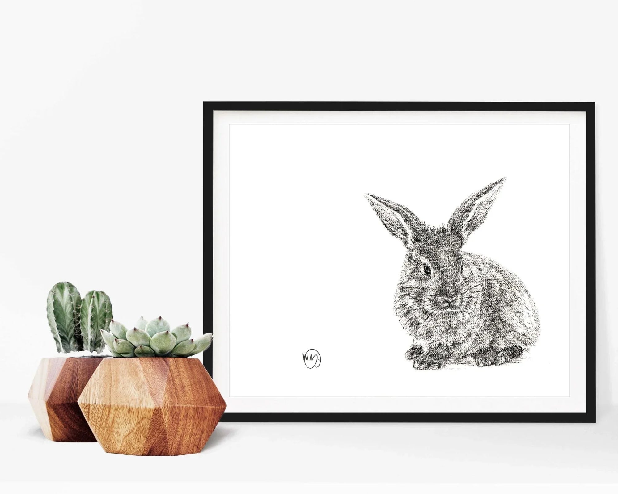 Framed rabbit sketch art print with potted succulents and cactus on white background