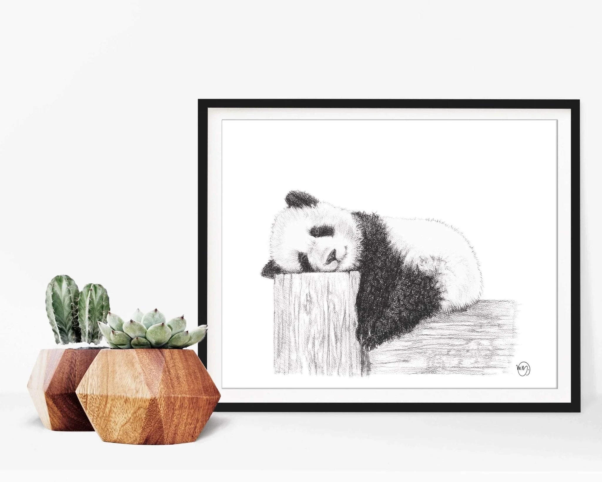 Framed sketch of a cute sleeping panda with wooden pots and succulents beside it