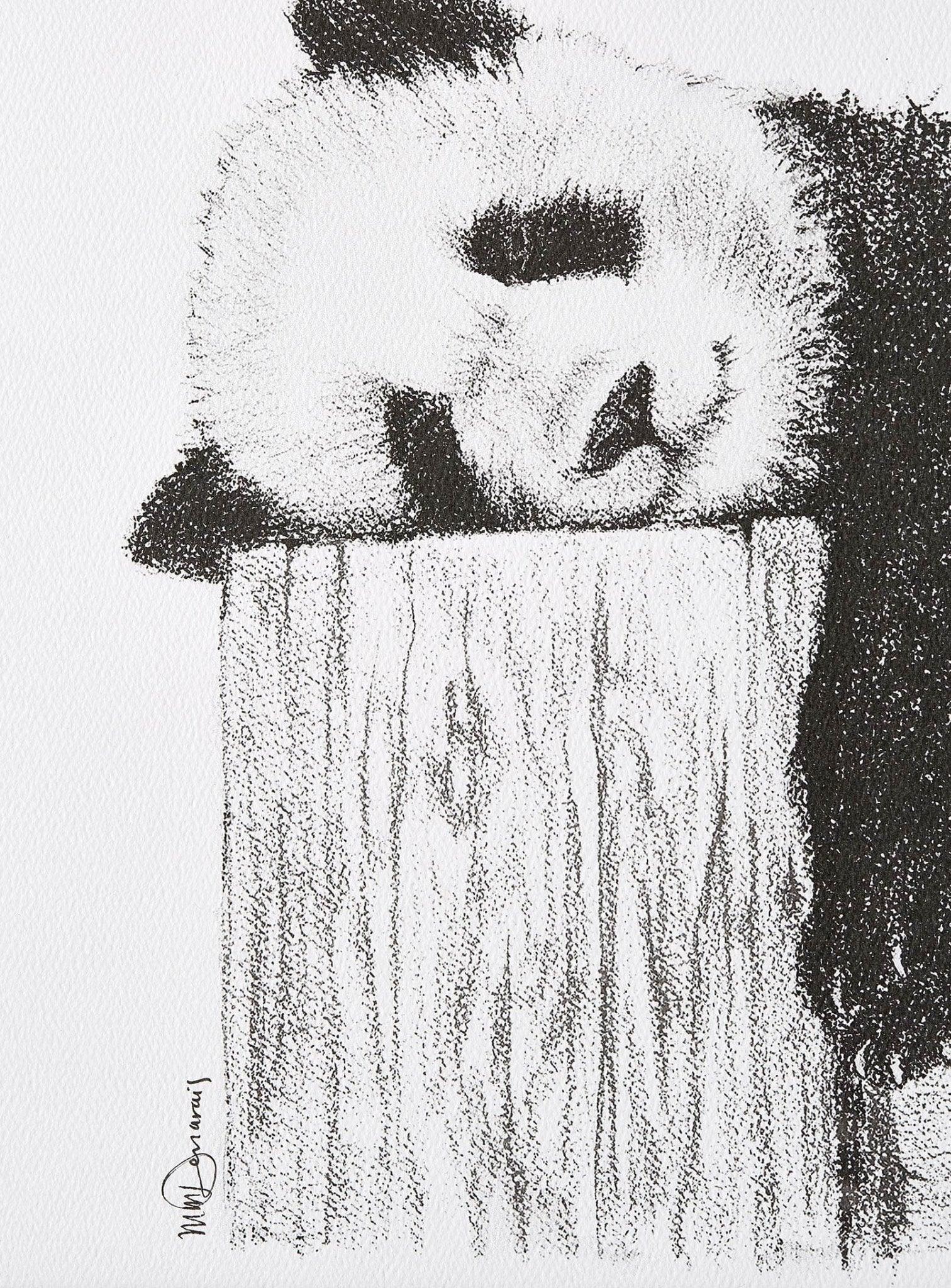 Sketch of a cute sleeping panda resting its head on a wooden log, black and white drawing