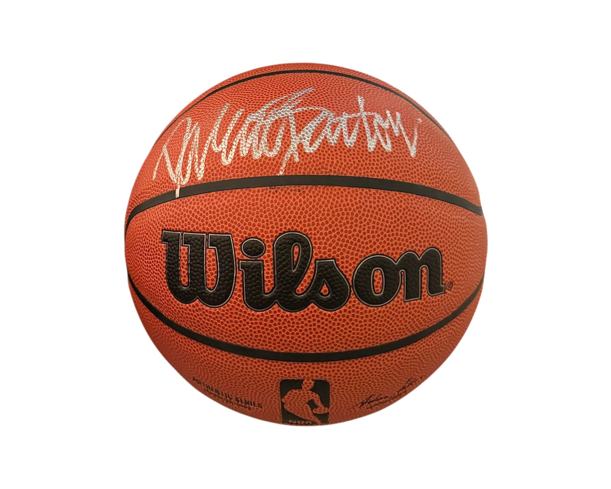 Wilson NBA basketball with a silver autograph on the front, white background