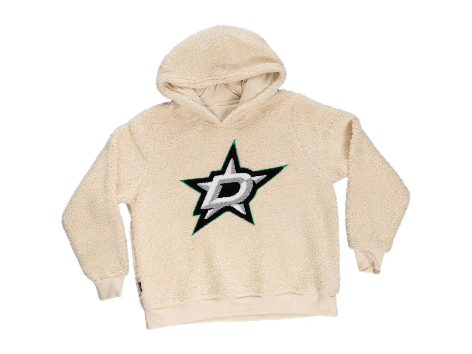 Cream sherpa hoodie with green and black star logo on front, Dallas Stars sweatshirt